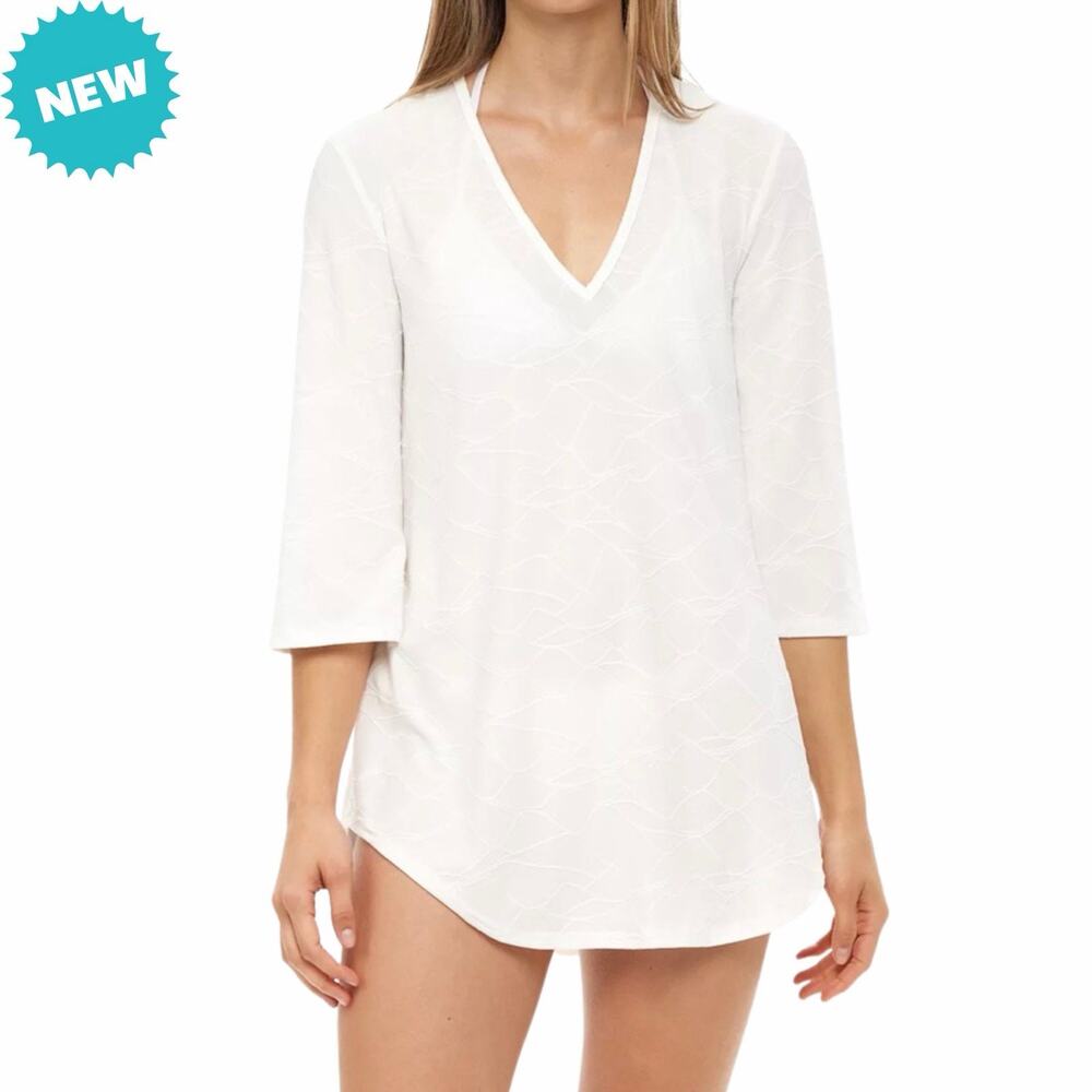 Jordan Taylor Beach Cover Up Women's Medium White Sheer V-Neck Flare Sleeve NEW